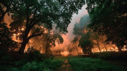 Distant person amidst forest fire with towering trees and eerie light shows an apocalyptic scene