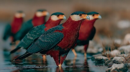Crested caracara bird stands in shallow water as its flock mates stand behind