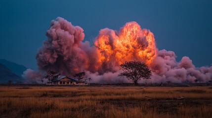 Enormous explosions erupt near a dilapidated building amid a tranquil, desolate landscape at twilight