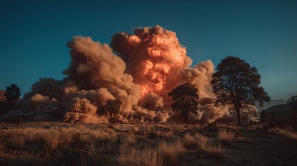 Fiery orange blast obscures landscape trees under blue sky casting long shadows in the field