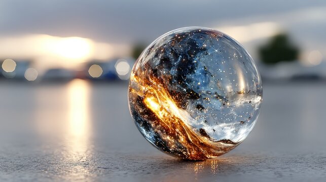 A glass sphere containing an illuminated inner world rests on concrete