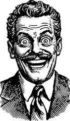 Fototapeta premium Vintage illustration of a smiling man in black and white. Expressive graphic character in this vector set.