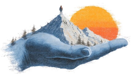 Hiker stands atop snow mountain within a textured hand against a rising sun on transparent backdrop