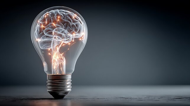 Glowing neural network inside clear lightbulb on grey shows complex connections and creativity