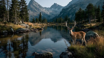 Majestic deer stands proudly near the serene lake reflecting the towering mountains behind it
