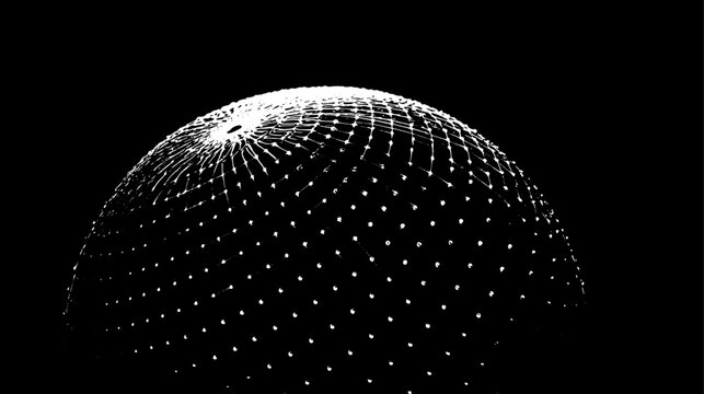 Geometric sphere mesh in black and white pattern, showcasing modern design. This 3D vector illustration highlights dynamic lines and connections.