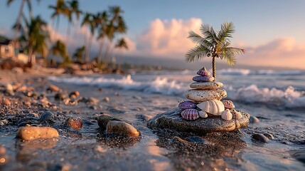 Seashells and stones are stacked creatively with a miniature palm tree on a sandy beach landscape