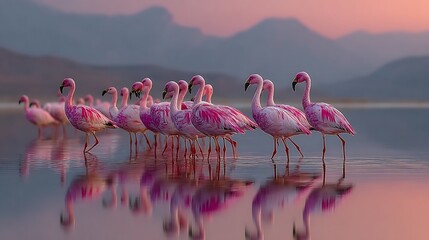 Several Andean flamingos wade through shallow waters reflecting the twilight mountain landscape beautifully