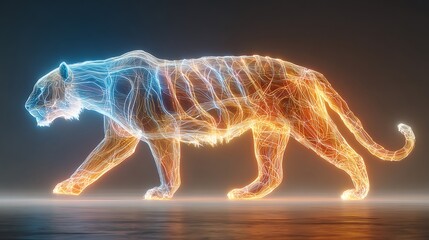 Striking electric tiger, glowing in blue and orange, confidently strides forward with fierce energy