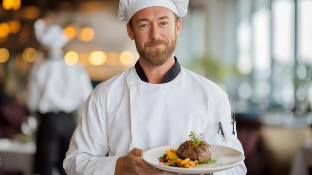 Smiling chef in white uniform proudly presenting gourmet dish in elegant restaurant interior with warm lighting