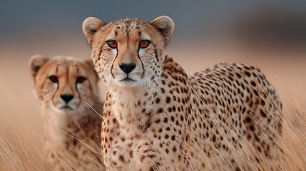 Two cheetahs with distinct black spots stare intensely forward amidst dried grasses in the wild