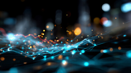 Defocused visualization of AI neural networks processing financial data and predictive analytics for smart investments, with copy space.