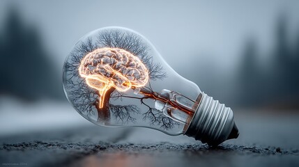 A glowing brain inside a light bulb sits on a surface surrounded by tree branches