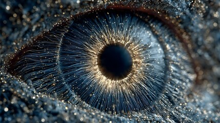 A human eye glows with an intense light coming from its intricate optical fiber design