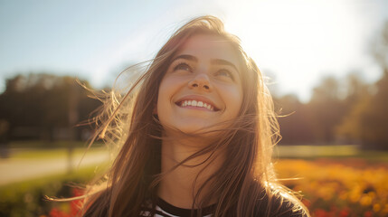 young woman smiling brightly with sparkling eyes, looking up at a clear sunny sky