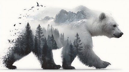 A magnificent polar bear walks revealing mountain vista and forest landscape within its silhouette
