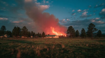 A massive wildfire engulfs a forested area near a home, casting an ominous glow