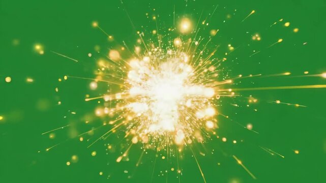 Single golden firework explosion with flying sparks on green screen. Festive particle burst for celebration, holiday, and event overlays.