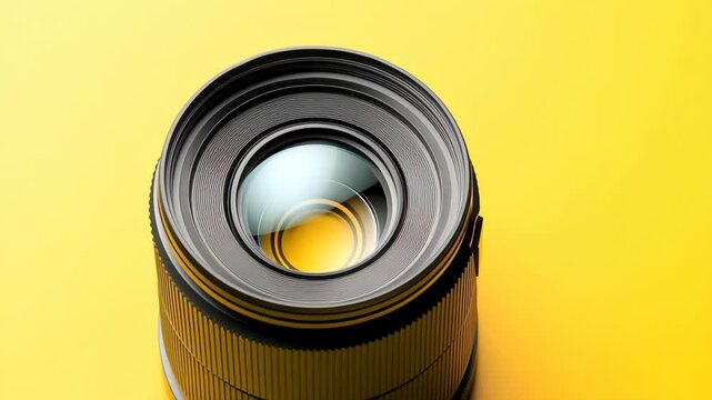 A detailed camera lens is positioned on a bright yellow surface, highlighting its intricate design and reflection of light. Ideal for photography enthusiasts and product showcases.