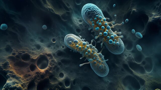 Futuristic microscopic view of two biological nanobots or vesicles transporting their payload across a cellular landscape