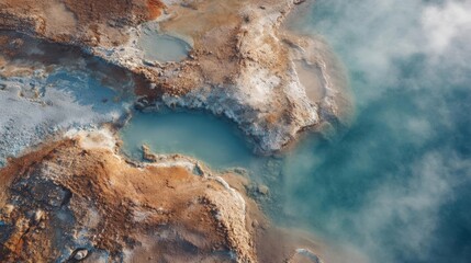 Aerial view of a geothermal area. the ground is covered in a layer of blue-green water, which appears to be a hot spring or geothermal pool.