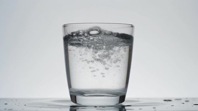 Clear glass of water with rising bubbles on reflective surface, evoking purity, chemical motion, and quiet transformation.