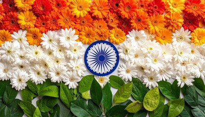 Indian flag recreated with natural elements—orange and yellow flowers, white blossoms, green leaves, and a central blue Ashoka Chakra—evoking patriotic symbolism, organic unity, and environmental reve