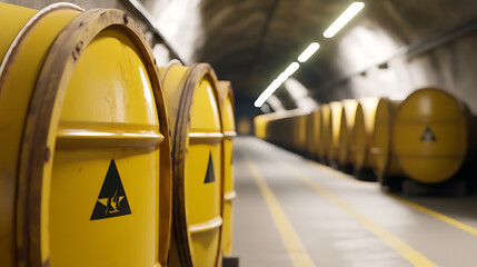 A line of yellow barrels with warning signs stretches down a concrete tunnel, lit by fluorescent lights. The barrels are neatly arranged, highlighting storage protocols.