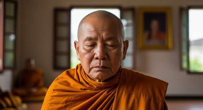 Elderly asian male monk meditating calmly in temple room