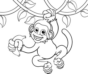 Obraz premium A monkey cartoon character singing on jungle vines with banana 