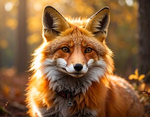 Fototapeta premium Close-up of a beautiful red fox in a forest, autumn lighting, focus on the animal