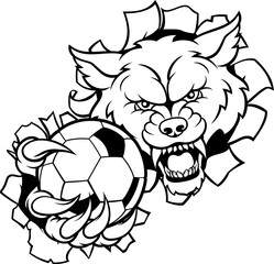A wolf angry animal soccer football sports mascot holding a ball 