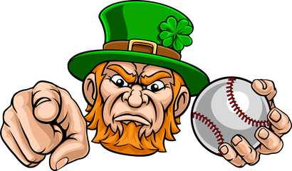 An angry Leprechaun Celtic Irish cartoon character holding baseball ball and pointing sports team mascot illustration.