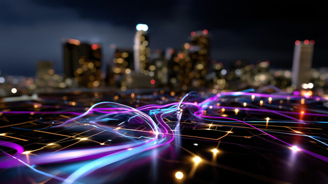 Defocused city map illuminated by neon data circuits representing connectivity, fintech development, and AI logistics, with copy space.