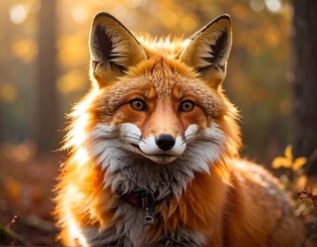 Close-up of a beautiful red fox in a forest, autumn lighting, focus on the animal