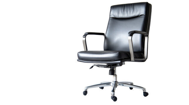 Modern black leather office chair with metal armrests and wheels, comfort and workspace furniture design isolated cleanly on white background