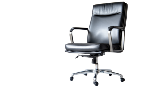 Modern black leather office chair with metal armrests and wheels, comfort and workspace furniture design isolated cleanly on white background - Powered by Adobe
