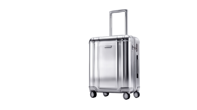 Shiny metallic silver travel suitcase with wheels and handle, modern luggage for vacation or business travel concept isolated on white background