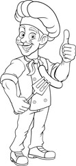 A chef cartoon barbecue cook man giving thumbs up and holding a hotdog or grilled sausage on a BBQ or cooking fork mascot character illustration 