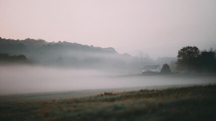 Landscape photograph of a foggy field with a small house in the distance. the sky is overcast and the fog is covering the entire scene.