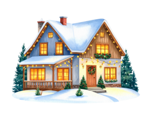 A minimalist watercolor illustration of a winter cabin with smoke curling from the chimney, rendered in soft pastel colors and subtle brush strokes, isolated on a white background