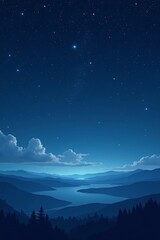 Scenic night view of mountains, lake, and starry sky with clouds in blue tones