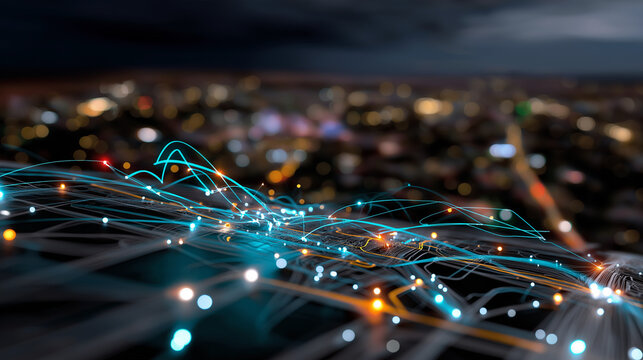 Defocused city map illuminated by neon data circuits representing connectivity, fintech development, and AI logistics, with copy space.