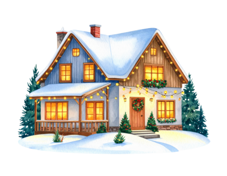 A minimalist watercolor illustration of a winter cabin with smoke curling from the chimney, rendered in soft pastel colors and subtle brush strokes, isolated on a white background - Powered by Adobe