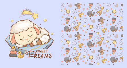 Cute Sleeping Sheep with Toy Pattern Vector Illustration