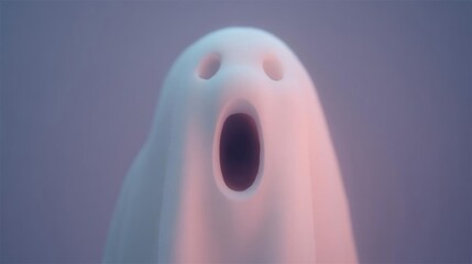 Close-up of a white ghost with a round hole in the center. the ghost appears to be made of a soft, translucent material and has two small holes on its head.