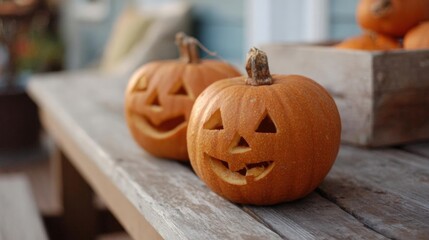 Two carved pumpkins on a wooden table. the pumpkins are orange in color and have a jack-o-lantern face carved into them. the face has two large eyes, a small nose, and a wide, toothy grin.