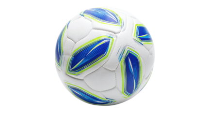 White soccer ball with blue and green geometric patterns representing sports energy teamwork and competition concept on white background