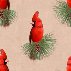 Red Cardinal on Pine Branch Seamless Pattern