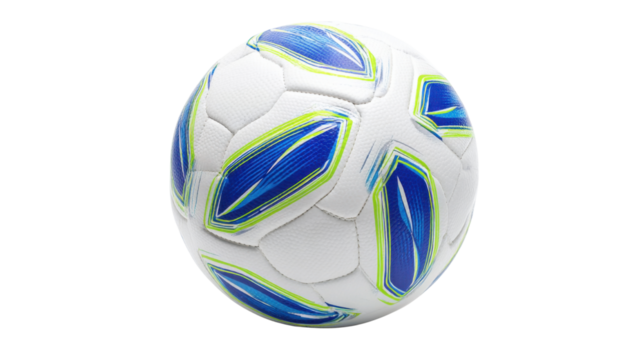 White soccer ball with blue and green geometric patterns representing sports energy teamwork and competition concept on white background - Powered by Adobe